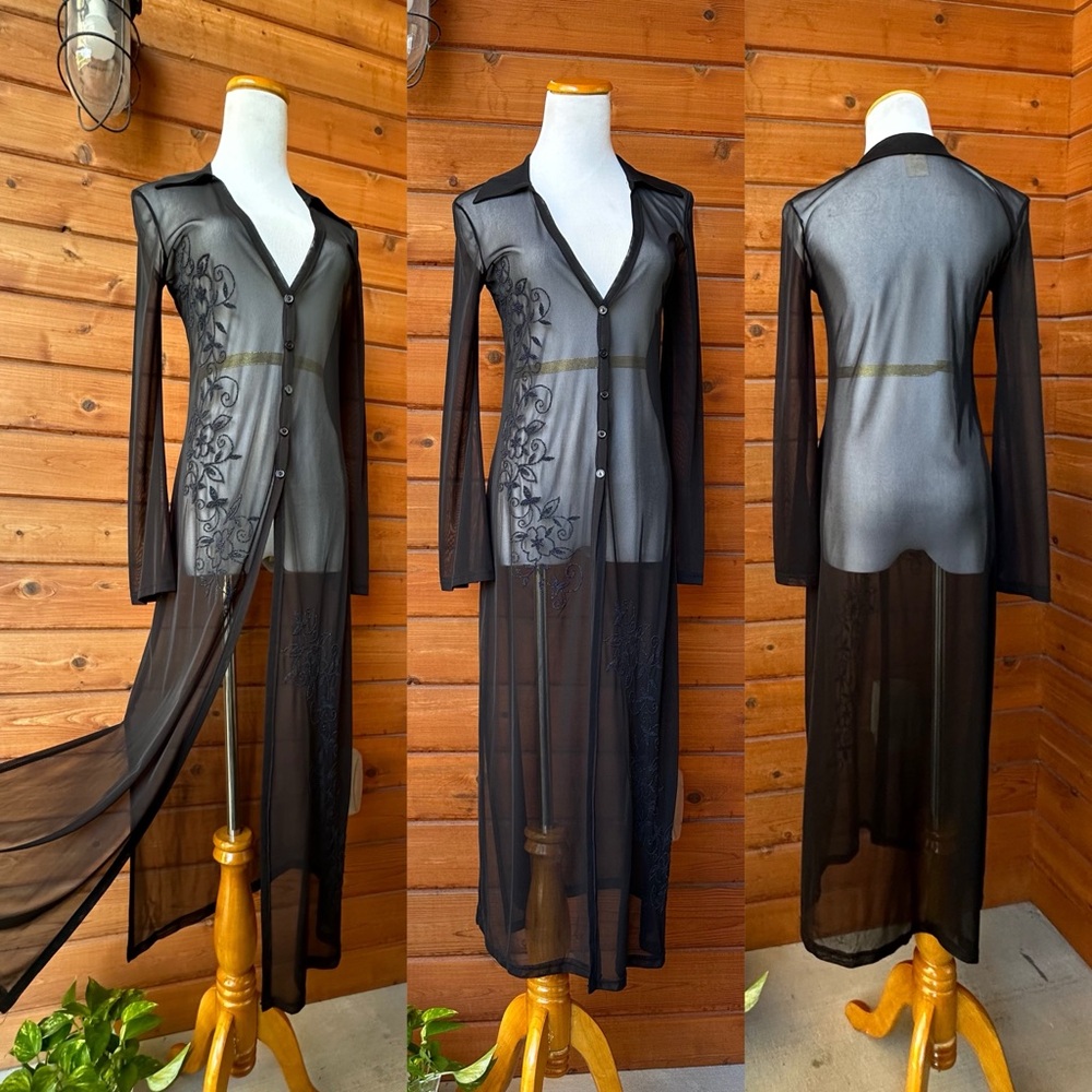 90’s Rag Sheer Witchy Black Mesh Long Flowy Duster Beaded Embroidered Small